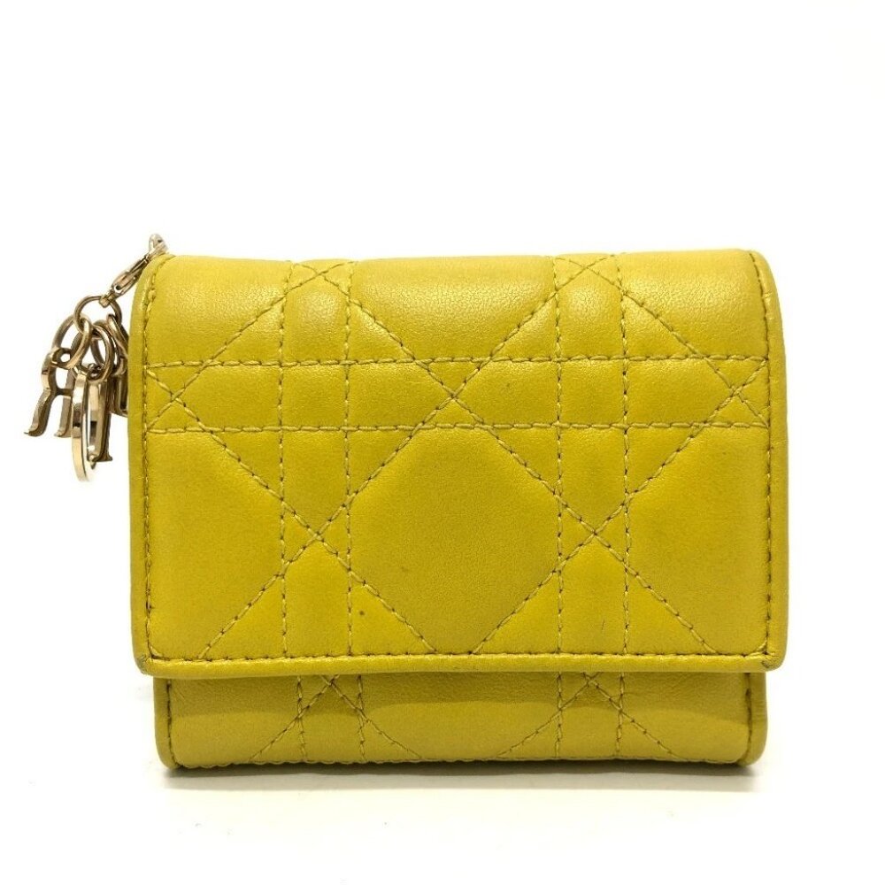 CHRISTIAN DIOR Cannage Lotus Wallet Compact Trifold wallet Leather yellow